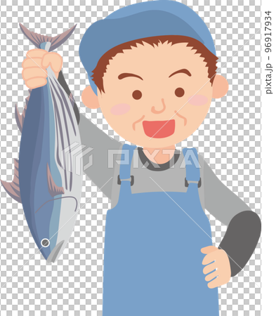 Worker _ fish shop _ fishermen _ senior man with fish _ upper body 96917934