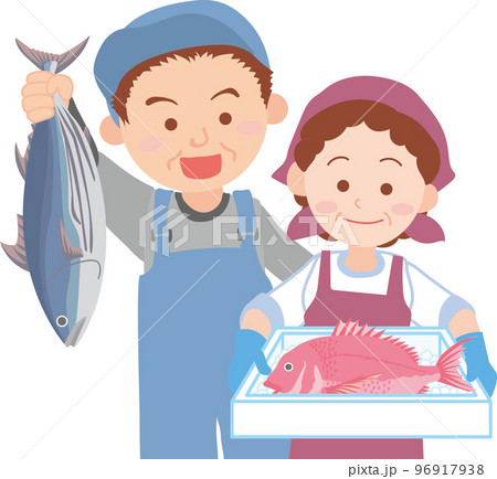 働く人_魚屋_漁業関係者_魚を持ったシニア男女_上半身 96917938