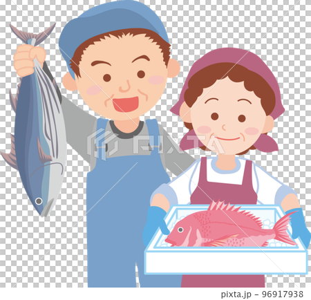 働く人_魚屋_漁業関係者_魚を持ったシニア男女_上半身 96917938