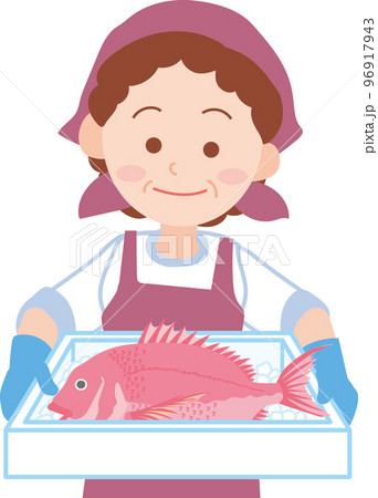 働く人_魚屋_漁業関係者_魚を持ったシニア女性_上半身 96917943