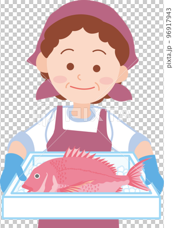 働く人_魚屋_漁業関係者_魚を持ったシニア女性_上半身 96917943