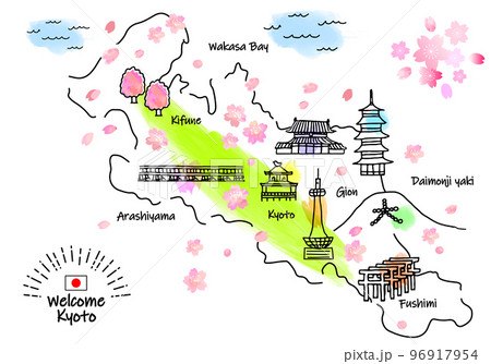 春の京都の観光地のシンプル線画イラストマップ（緑） 96917954
