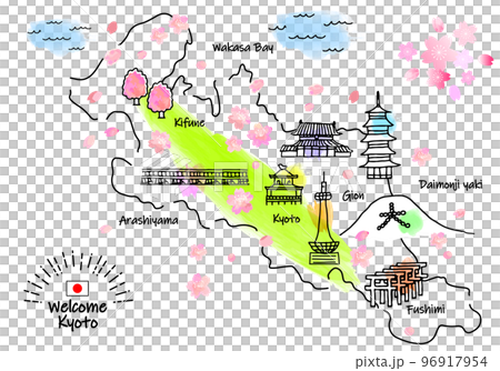 Simple line drawing illustration map of Kyoto's tourist spots in spring (green) 96917954