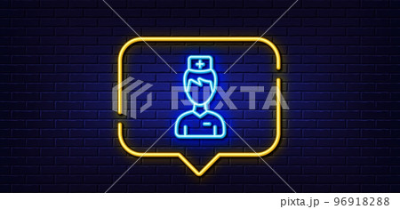 Neon light speech bubble. Doctor line icon. Medicine drugs sign. Pharmacy medication symbol. Neon light background. Doctor glow line. Brick wall banner. Vector Neon light speech bubble. Doctor line icon. Medicine drugs sign. Pharmacy medication symbol. Neon light background. Doctor glow line. Brick wall banner. Vector 96918288