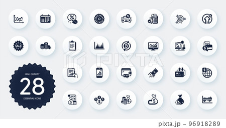 Set of Finance icons, such as Loan percent, Calendar and Clipboard flat icons. Banking money, World money, Statistics web elements. Coins bag, Column diagram, Bill accounting signs. Vector 96918289