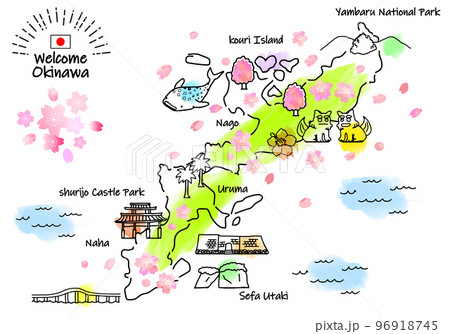 春の沖縄県の観光地のシンプル線画イラストマップ（緑） 96918745