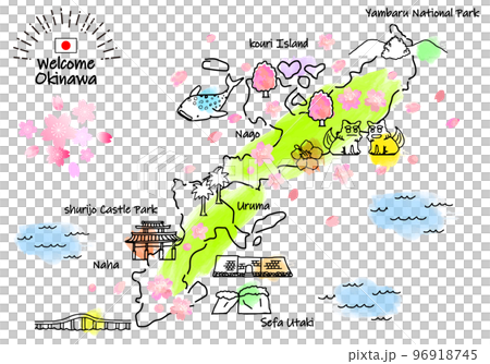 Simple line drawing illustration map of tourist spots in Okinawa Prefecture in spring (green) 96918745