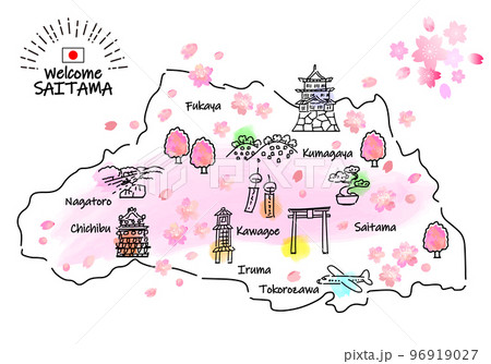 春の埼玉県の観光地のシンプル線画イラストマップ（ピンク） 96919027