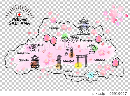 春の埼玉県の観光地のシンプル線画イラストマップ（ピンク） 96919027