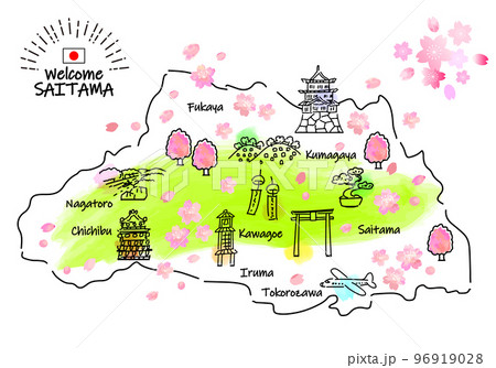 春の埼玉県の観光地のシンプル線画イラストマップ（緑） 96919028