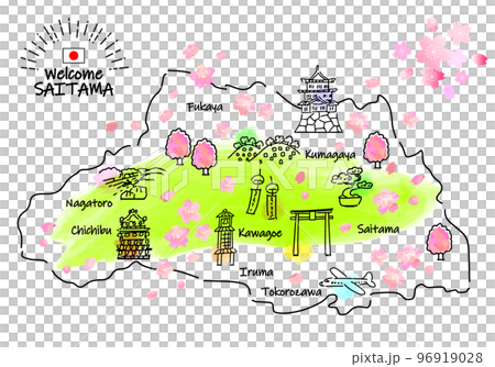 春の埼玉県の観光地のシンプル線画イラストマップ（緑） 96919028