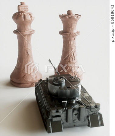 Toy tanks with chess on chessboard. Concept of military strategy. - 3D Rendering 96919043