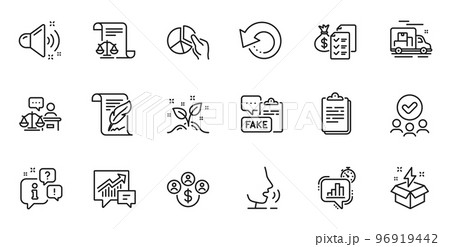 Outline set of Statistics timer, Buying currency and Creative idea line icons for web application. Talk, information, delivery truck outline icon. Vector Outline set of Statistics timer, Buying currency and Creative idea line icons for web application. Talk, information, delivery truck outline icon. Vector 96919442