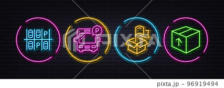 Bus parking, Delivery location and Parking place minimal line icons. Neon laser 3d lights. Package icons. For web, application, printing. Public park, Parcel shipping, Transport. Delivery pack. Vector 96919494