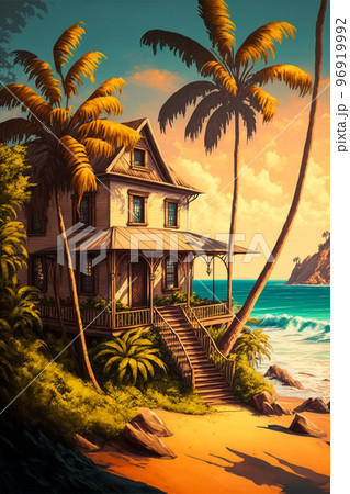Illustration of summer houses at the ocean or sea with dramatic sky at sunset.Ai generated content 96919992