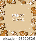 Christmas card with gingerbread cookies on beige background. Christmas card. Greeting card. 96920526