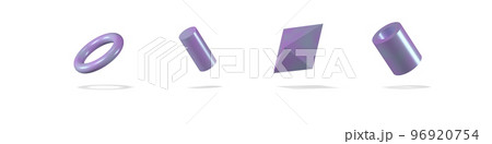 Geometric figures, 3d rendering composition with torus, cylinder, rhombus and tube of purple and greenish color. Isolated. 96920754