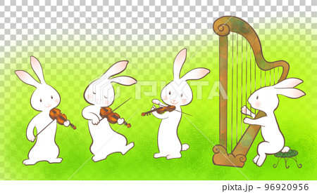 ウサギたちがバイオリンとハープで楽しそうに合奏をしているイラスト 96920956