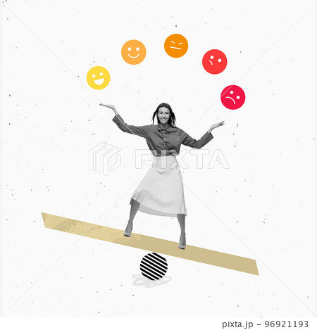 Happy young business woman balancing on swing with emotions icons over light background. Contemporary art collage. Mental health, human emotions Happy young business woman balancing on swing with emotions icons over light background. Contemporary art collage. Mental health, human emotions 96921193