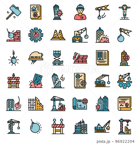 Demolition work icons set. Outline set of demolition work vector icons thin line color flat on white Demolition work icons set. Outline set of demolition work vector icons thin line color flat on white 96922204