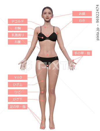 女性が悩む脱毛の施術部位 ナチュラルな日本人女性3Dモデルの全身正面イラスト 96922474