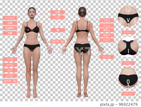 女性の気になる脱毛施術部位とVIO ナチュラルな日本人3Dモデルの全身正面と後ろ姿イラストセット 女性の気になる脱毛施術部位とVIO ナチュラルな日本人3Dモデルの全身正面と後ろ姿イラストセット 96922479