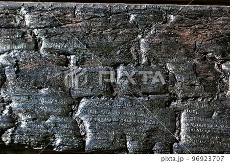 BBQ background. Burnt wooden Board texture. Burned scratched hardwood surface. Smoking wood plank background. Burned wooden grunge texture 96923707