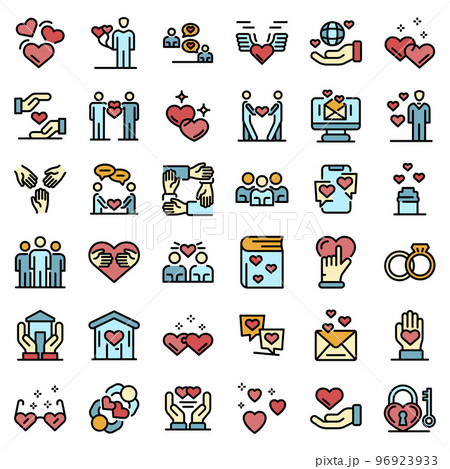 Affection icons set. Outline set of affection vector icons thin line color flat on white 96923933