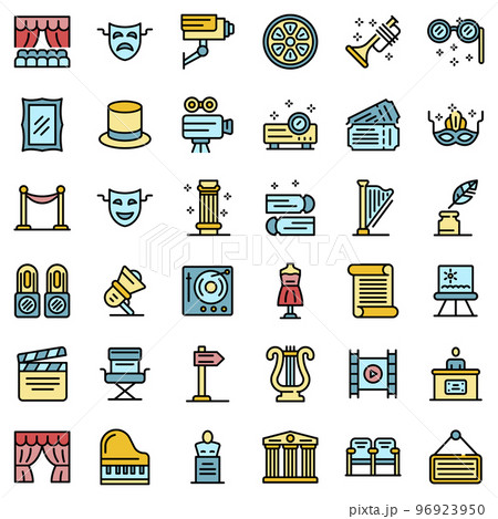 Theater museum icons set. Outline set of theater museum vector icons thin line color flat on white 96923950