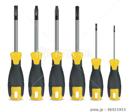 Realistic Detailed 3d Screwdriver with Rubber Handles Set Isolated on a White Background. Vector illustration of Different Sizes Screwdrivers Realistic Detailed 3d Screwdriver with Rubber Handles Set Isolated on a White Background. Vector illustration of Different Sizes Screwdrivers 96923953
