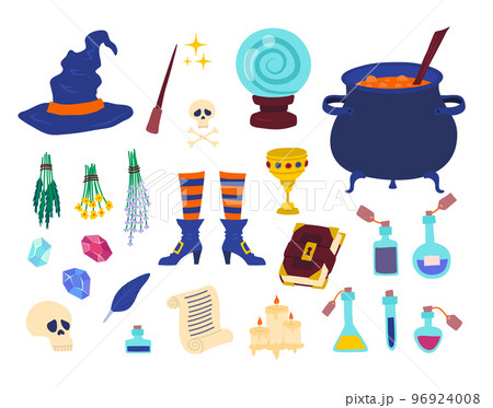 Cartoon Color Witch Tools Icons Set Flat Design Style Include of Potion, Cauldron, Crystal and Candle. Vector illustration 96924008