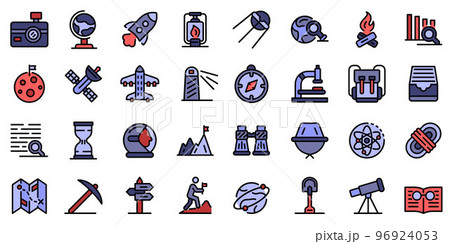 Exploration icons set. Outline set of exploration vector icons thin line color flat on white Exploration icons set. Outline set of exploration vector icons thin line color flat on white 96924053