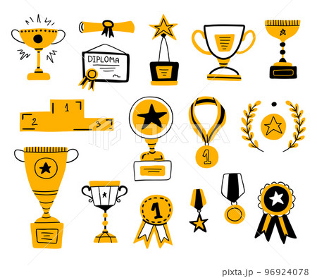 Cartoon Doodle Gold Medal and Champion Trophy Cup Icons Set Award Concept Flat Design Style. Vector illustration 96924078