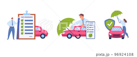 Cartoon Color Characters People and Auto Insurance Service Concept Flat Design Style. Vector illustration of Care and Protection Automobile 96924108
