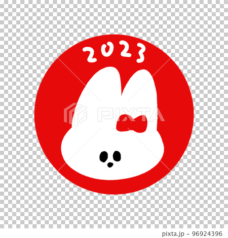 手繪的 2023 年角色和圓圈中的兔子臉的插圖-兔年/2023/令和 5 年的新年賀卡材料- 96924396