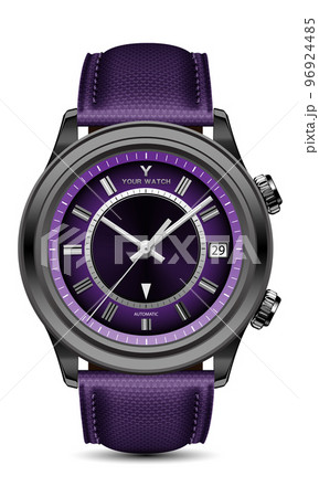 Realistic watch clock black steel grey arrow purple face with fabric strap on white design classic luxury for men vector 96924485