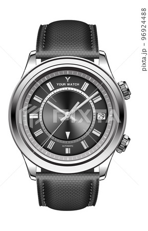 Realistic watch clock silver black face grey arrow with fabric strap on white design classic luxury for men vecto Realistic watch clock silver black face grey arrow with fabric strap on white design classic luxury for men vecto 96924488