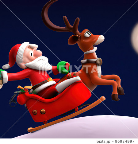 Santa claus sled with rudolph red nose reindeer flying on the moon background, 3d cartoon generative AI 96924997