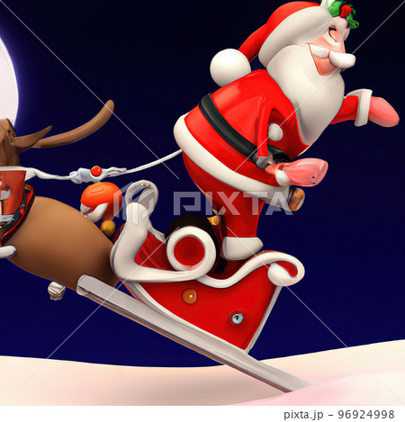 Santa claus sled with rudolph red nose reindeer flying on the moon background, 3d cartoon generative AI Santa claus sled with rudolph red nose reindeer flying on the moon background, 3d cartoon generative AI 96924998