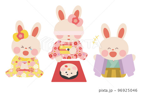 福笑いをする着物を着たうさぎさん 福笑いをする着物を着たうさぎさん 96925046