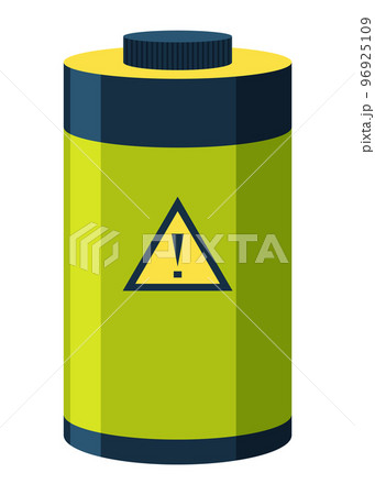 Toxic chemical barrel. Steel tank with dangerous waste. Container with attention icon in flat style. Dangerous substance. Storage of components 96925109