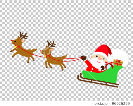クリスマスプレゼントを届けにいくサンタクロースとトナカイのイラスト
