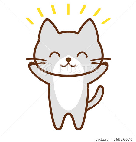 笑顔で両手をあげるかわいいグレーのハチワレ猫 96926670