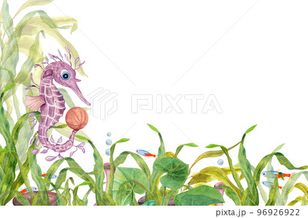 Watercolor illustration of a set of marine fauna isolated on white background. Seahorse, seafish, stone, corals, seaweed, plants, water, sea, ocean. Print, design, poster, fabric, decoration, pattern 96926922