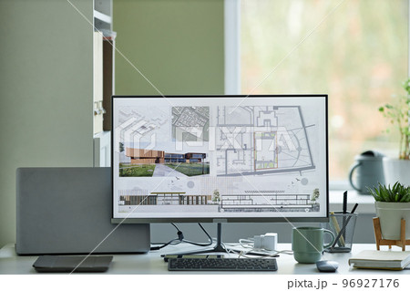 Computer with 3D blueprints on screen Computer with 3D blueprints on screen 96927176