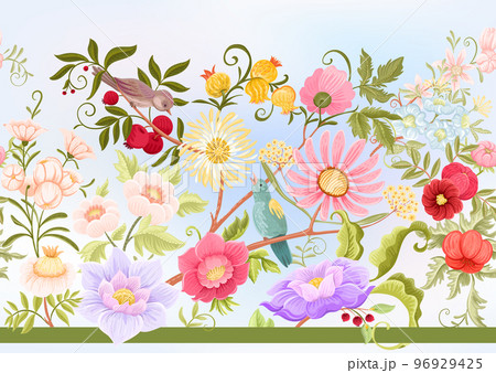 Fantasy flowers and birds in retro, vintage, jacobean embroidery style. Fantasy flowers and birds in retro, vintage, jacobean embroidery style. 96929425