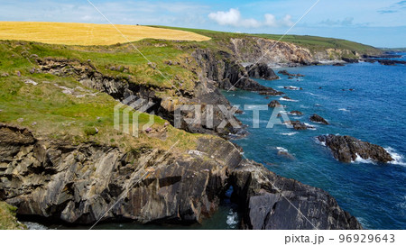 Farm fields on the rocky shore of the Celtic Sea, south of Ireland, County Cork. Beautiful coastal area. Turquoise waters of the Atlantic. Picturesque stone hills. Drone photo. 96929643