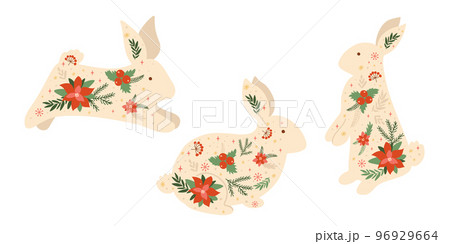 Christmas white rabbit 2023 set. Floral new year rabbit symbol 2023 year collection. Cute floral hare illustration Merry Christmas card in vector Christmas white rabbit 2023 set. Floral new year rabbit symbol 2023 year collection. Cute floral hare illustration Merry Christmas card in vector 96929664