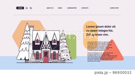 snow covered decorated house winter season home building with decorations for new year and christmas celebration snow covered decorated house winter season home building with decorations for new year and christmas celebration 96930032