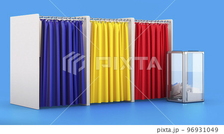Voting booths with Romanian flag and ballot box. Election in Romania, concept. 3D rendering Voting booths with Romanian flag and ballot box. Election in Romania, concept. 3D rendering 96931049